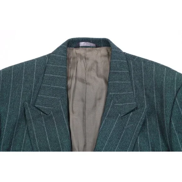 Vtg 70s 80s Mens 44L 2 Piece Wool Striped Double Breasted Suit Green 34x32 USA - Picture 3 of 16